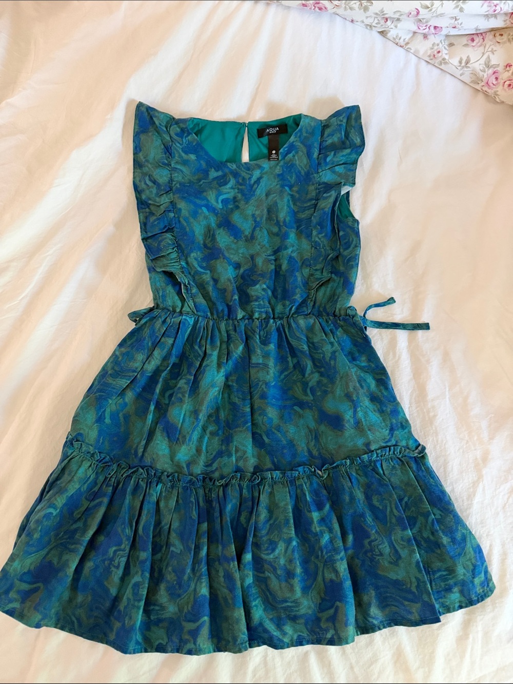 Aqua Teal & Blue Swirl Ruffle Waist Tie Kids Dress